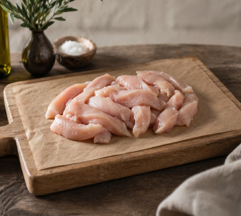 Raw chicken pieces on a wooden cutting board with spices and a wooden spoon in the background.
