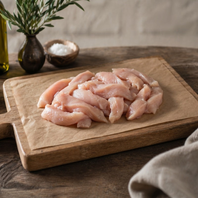 Raw chicken pieces on a wooden cutting board with spices and a wooden spoon in the background.
