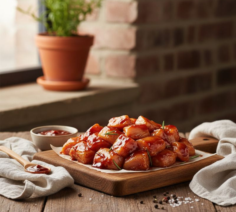 Plated dish of barbecue chicken on a wooden board with a potted plant in the background.