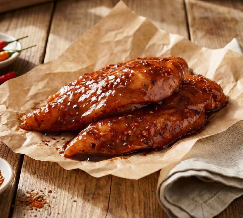Raw chicken breasts seasoned with spices on a wooden board with herbs and tomatoes.