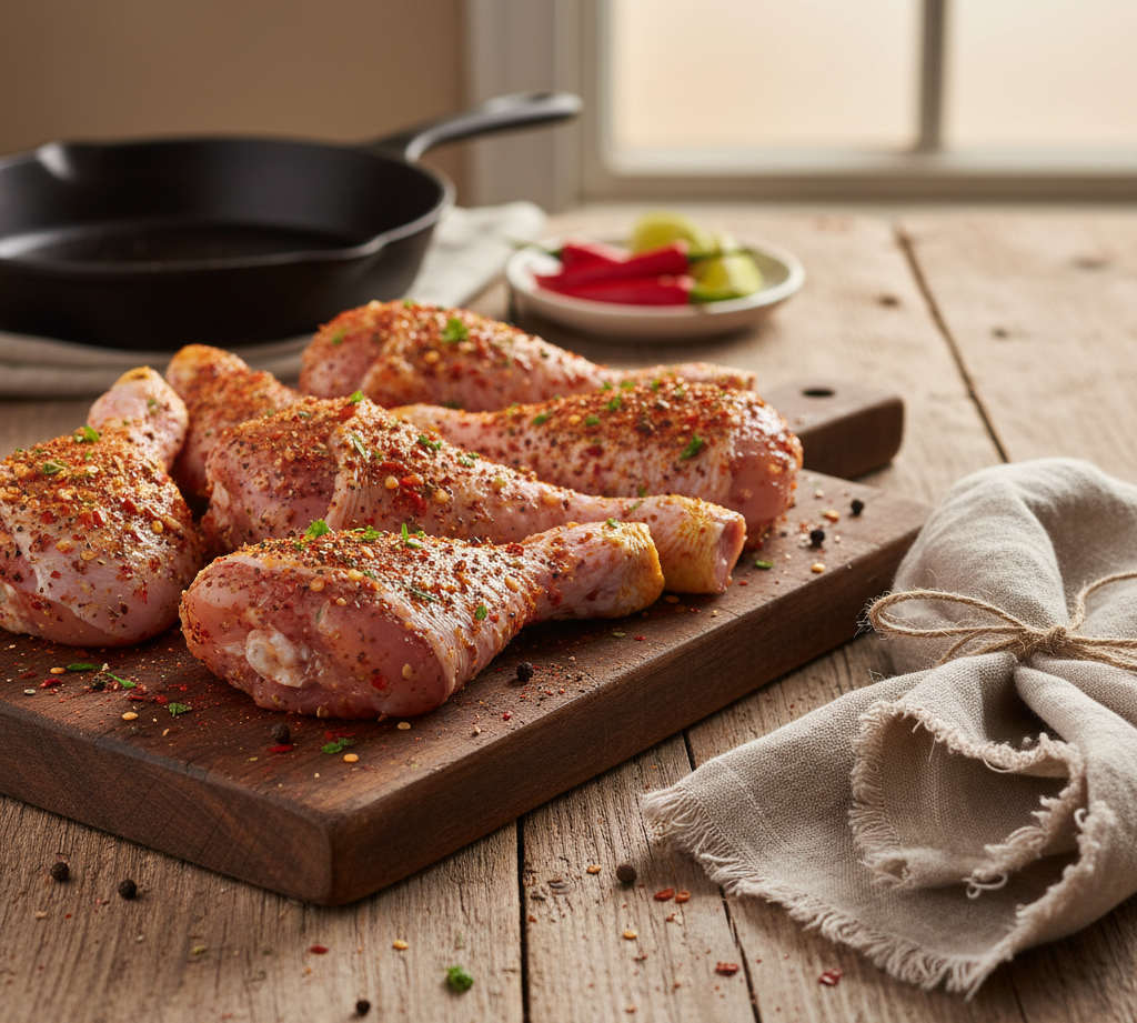 Raw chicken drumsticks on a wooden cutting board with a frying pan and vegetables in the background.