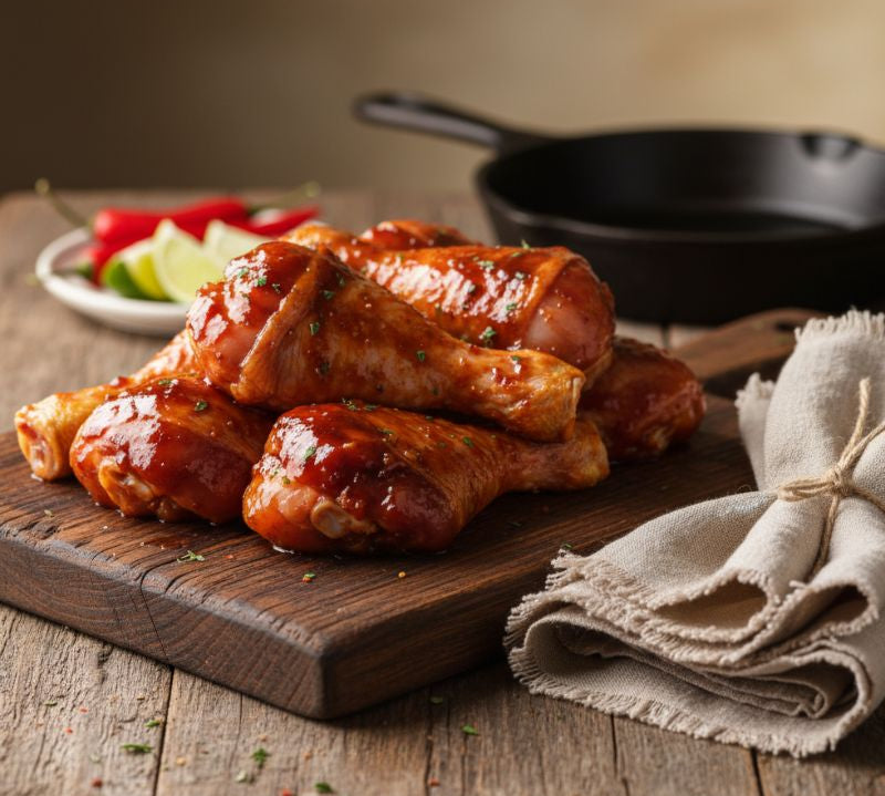 Sticky-BBQ marinated chicken drumsticks on a board with glaze and herbs – The Black Farmer.