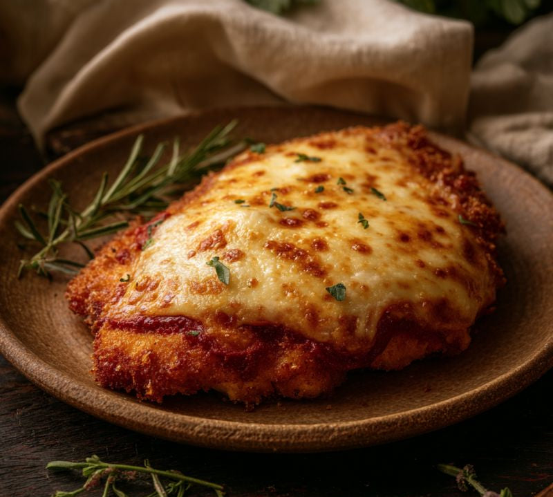 Chicken Parmigiana 210g with crispy gluten-free breading, tomato sauce and melted cheese on top.
