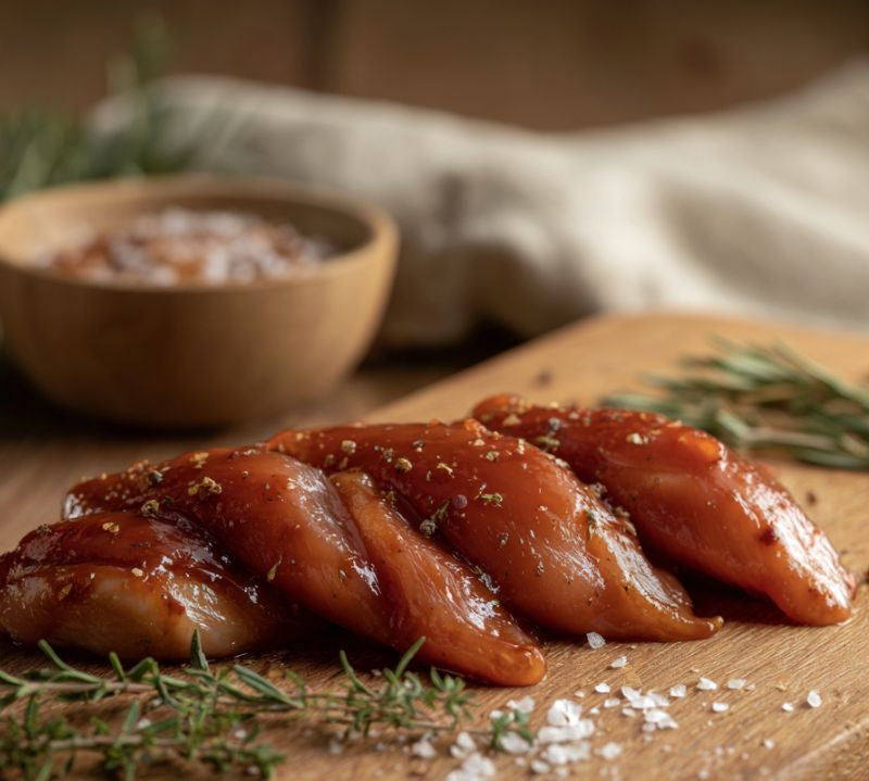 raw Sticky-BBQ marinated chicken mini fillets on a board with glaze and herbs – The Black Farmer.
