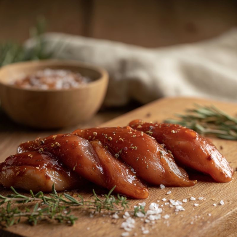 raw Sticky-BBQ marinated chicken mini fillets on a board with glaze and herbs – The Black Farmer.