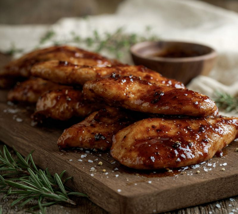 Sticky-BBQ marinated chicken mini fillets on a board with glaze and herbs – The Black Farmer.