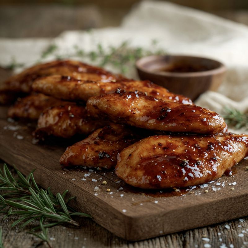 Sticky-BBQ marinated chicken mini fillets on a board with glaze and herbs – The Black Farmer.