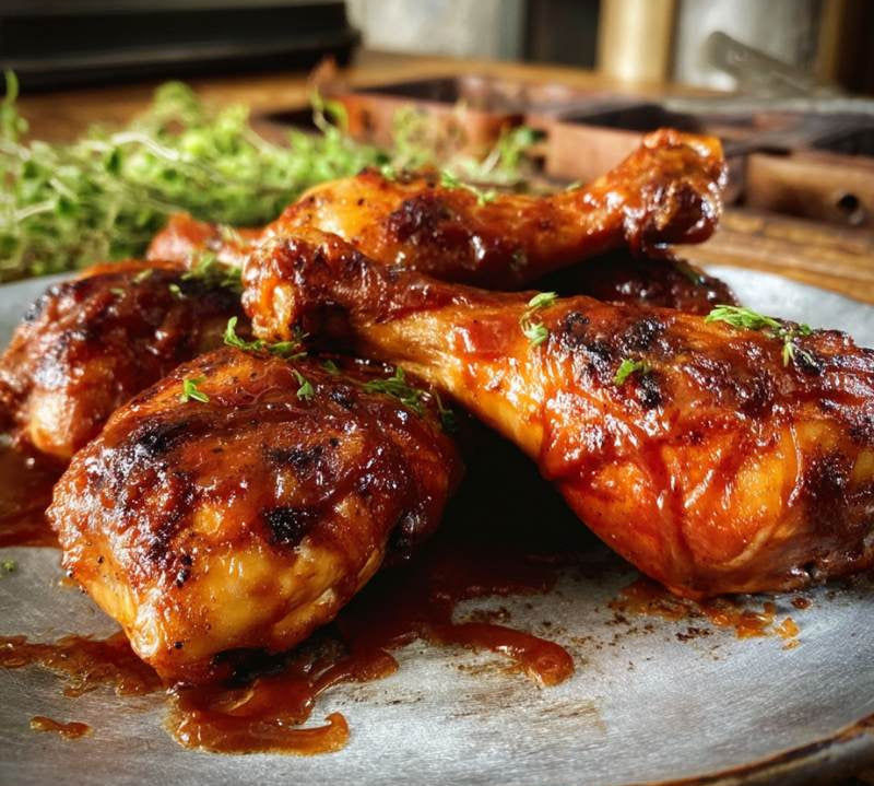 Braised chicken drumsticks on a rustic plate with a blurred background