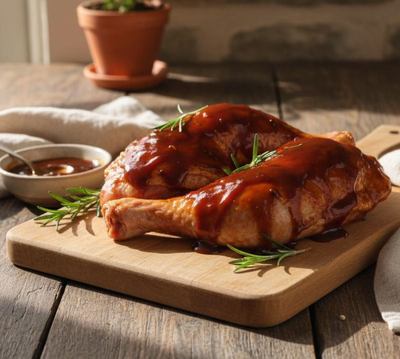 Sticky-BBQ glazed chicken legs (thigh & drumstick) on a board with herbs and dipping sauce – The Black Farmer