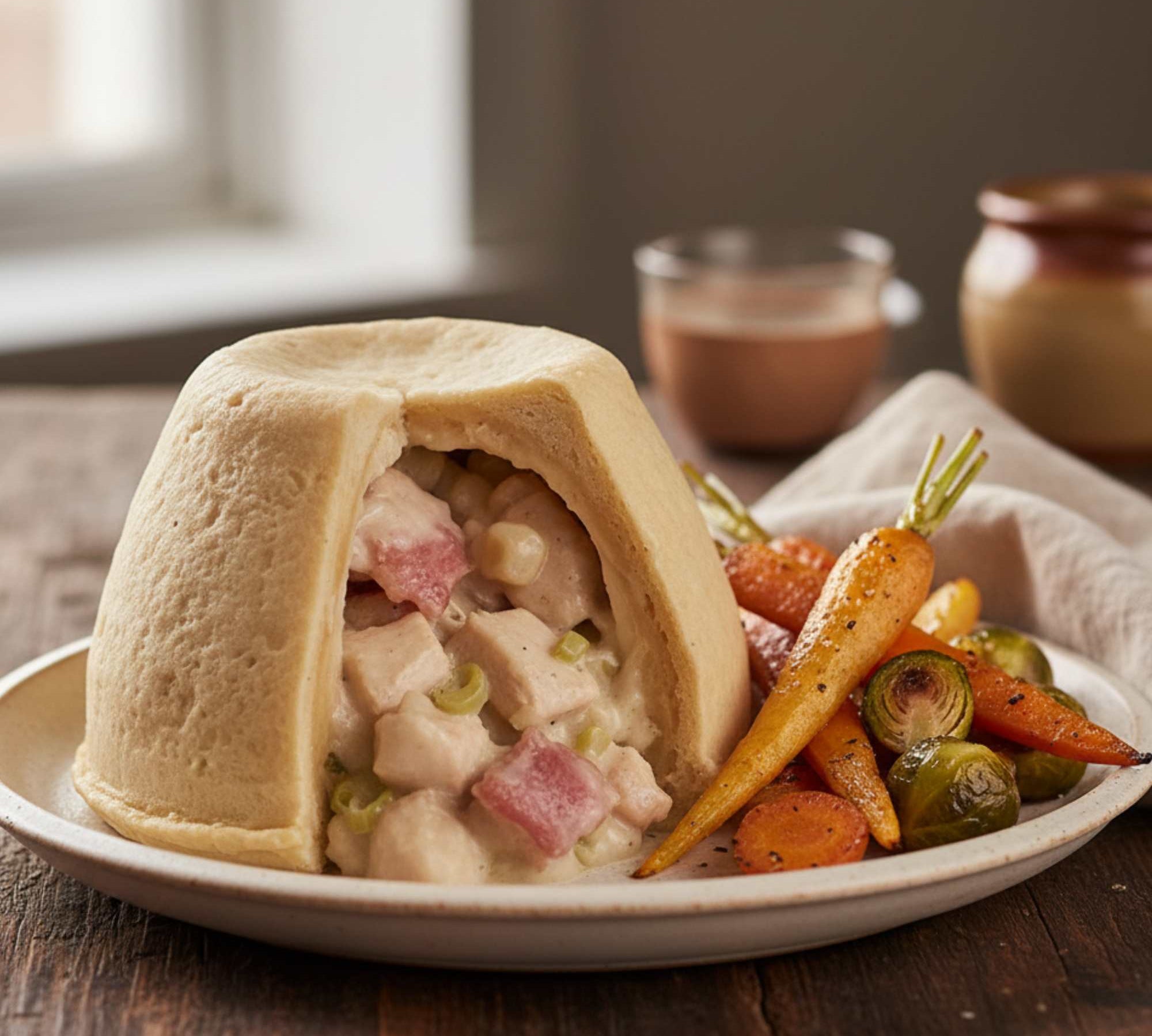 Chicken & bacon suet pudding with tender chicken, smoky bacon and creamy sauce in soft suet pastry.