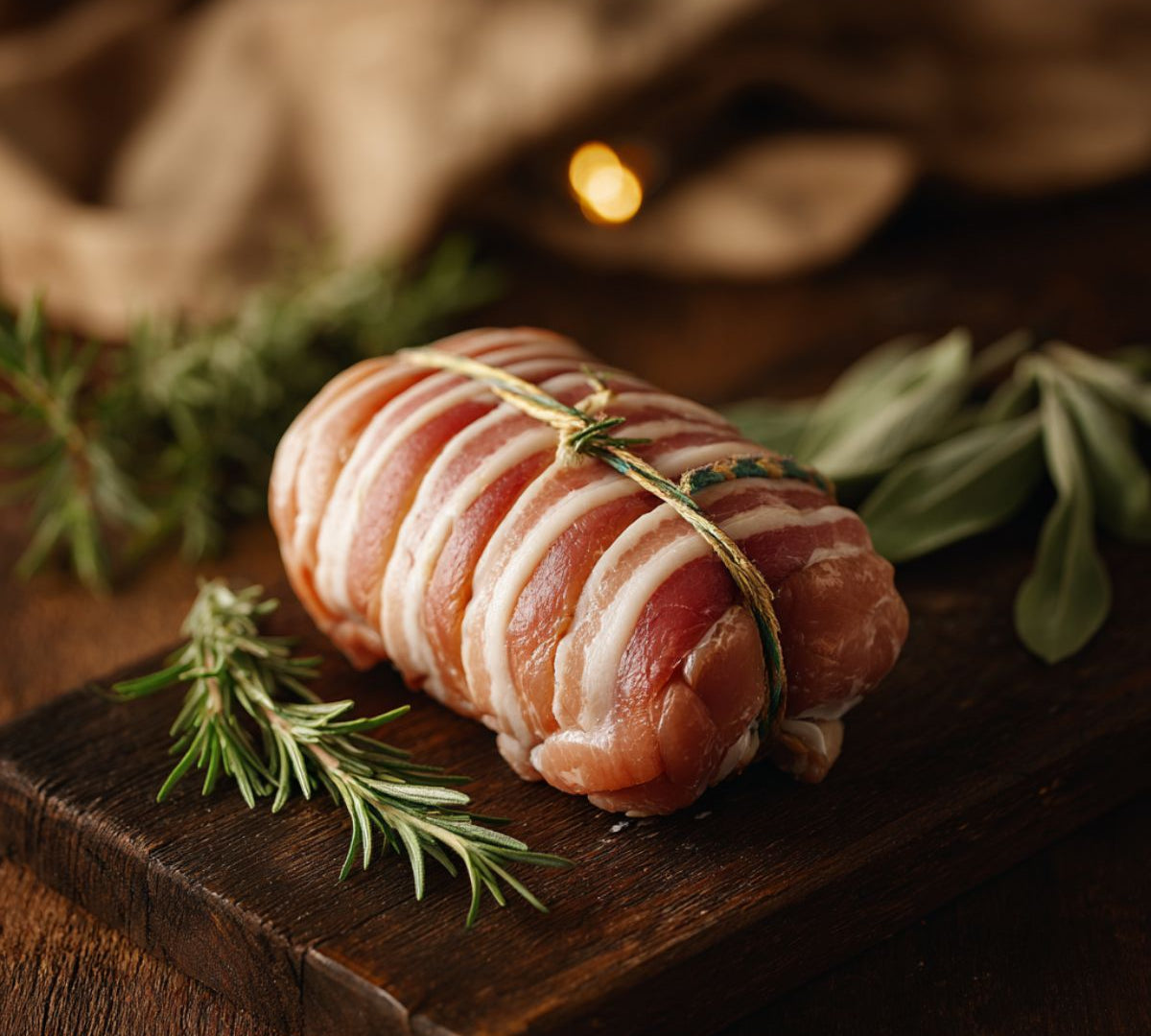 The Black Farmer Chicken & Bacon Mini Roast — British chicken wrapped in smoky bacon, oven-ready for family meals.