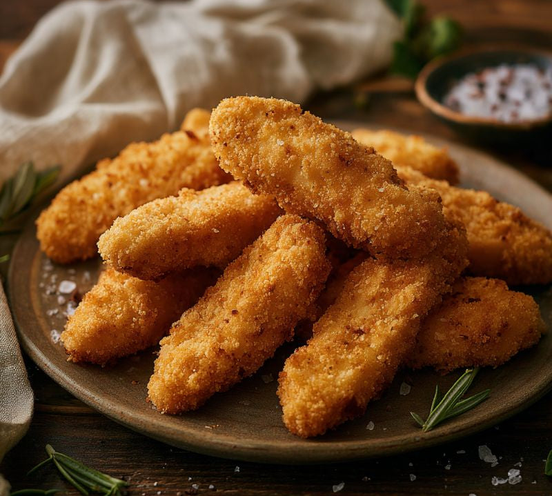 Chicken Goujons 1kg — golden breaded chicken strips on a plate with herbs.