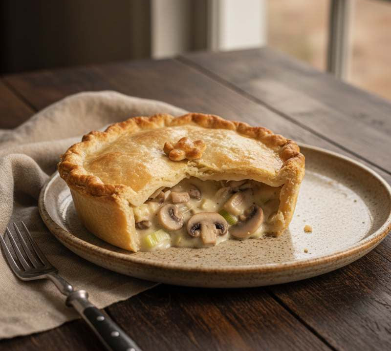 Chicken & Mushroom Pie in golden pastry, 350g handcrafted savoury pie with chicken and mushrooms.