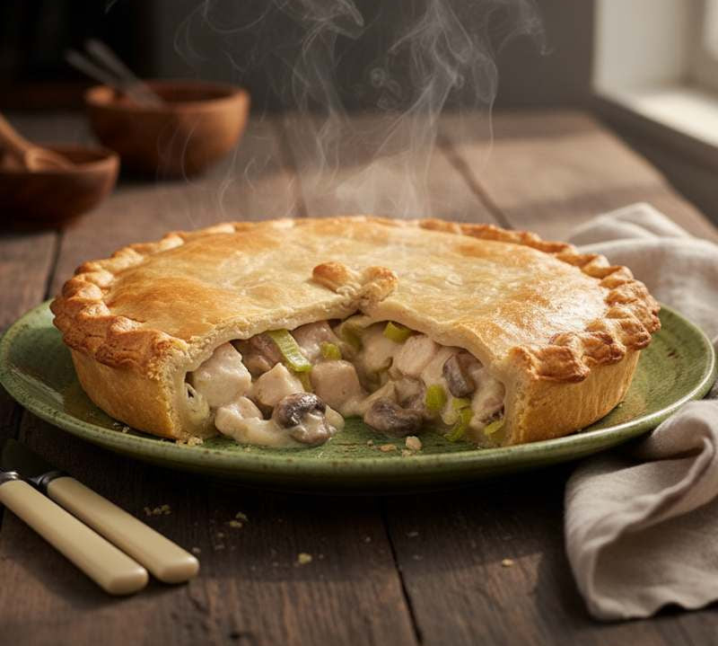 Family-size Chicken & Mushroom Pie with golden pastry and rich filling, classic British comfort meal.