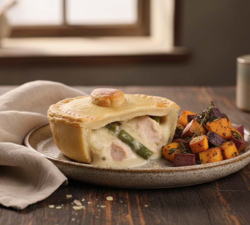 Chicken & Asparagus Pie with golden shortcrust pastry and creamy filling, premium British comfort food.