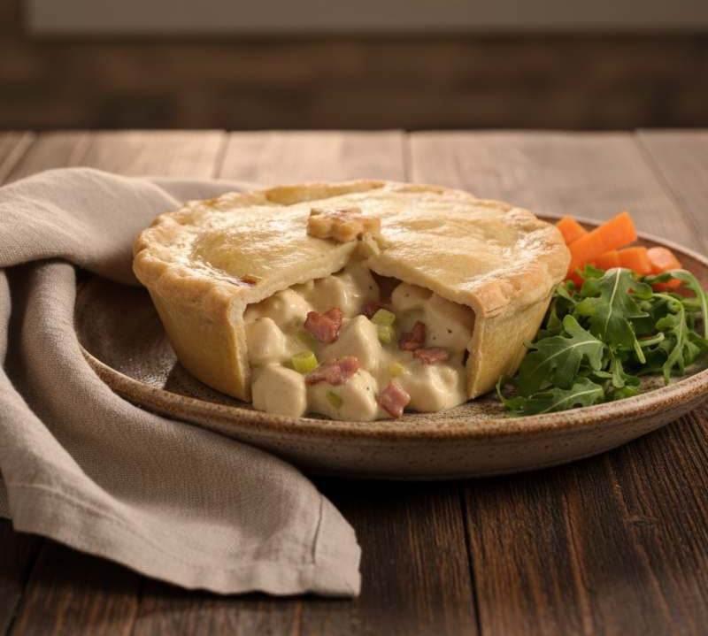 Handmade chicken and bacon pie with golden shortcrust pastry, a British comfort classic.
