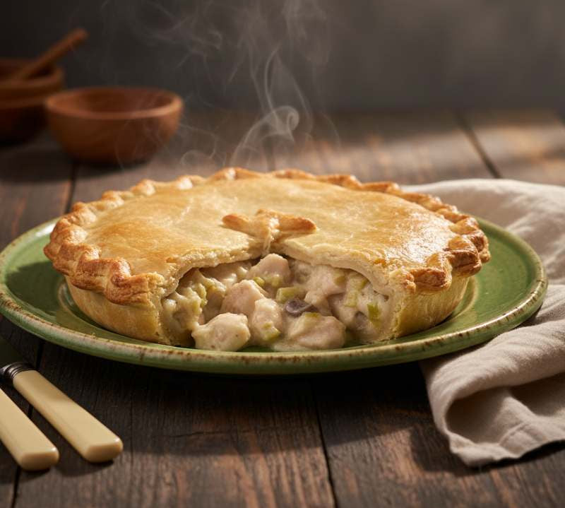 Family-size Chicken & Bacon Pie with golden pastry and creamy filling, perfect for British comfort meals.