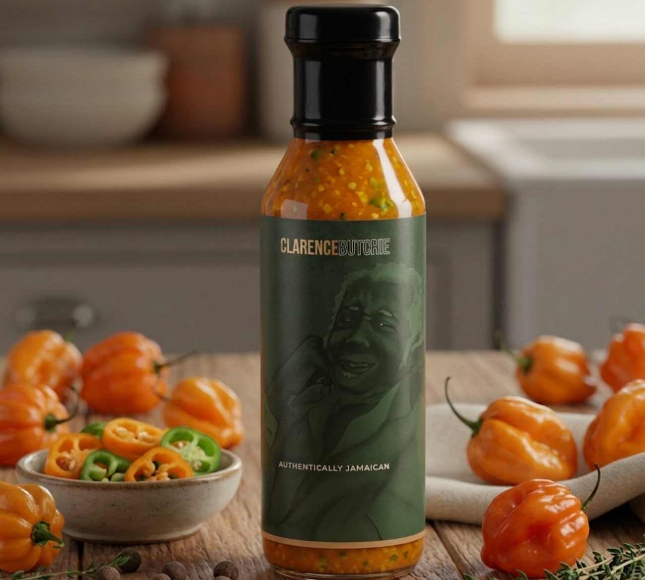 Bottle of Clarence Dutchie Scotch Bonnet sauce on a kitchen counter with peppers and ingredients.