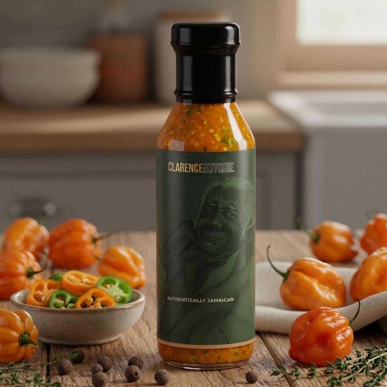 Bottle of Clarence Dutchie Scotch Bonnet sauce on a kitchen counter with peppers and ingredients.