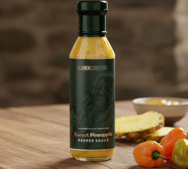 Bottle of Clarence Dutchie Sweet Pineapple Sauce with bright tropical pineapple flavour, mild heat and vibrant colour.