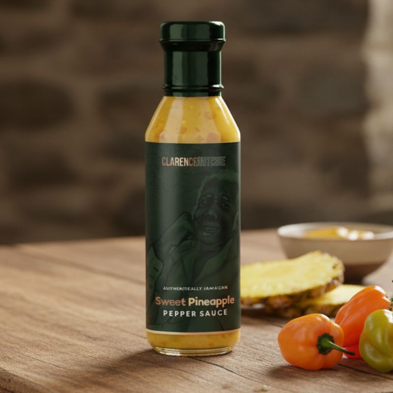 Bottle of Clarence Dutchie Sweet Pineapple Sauce with bright tropical pineapple flavour, mild heat and vibrant colour.