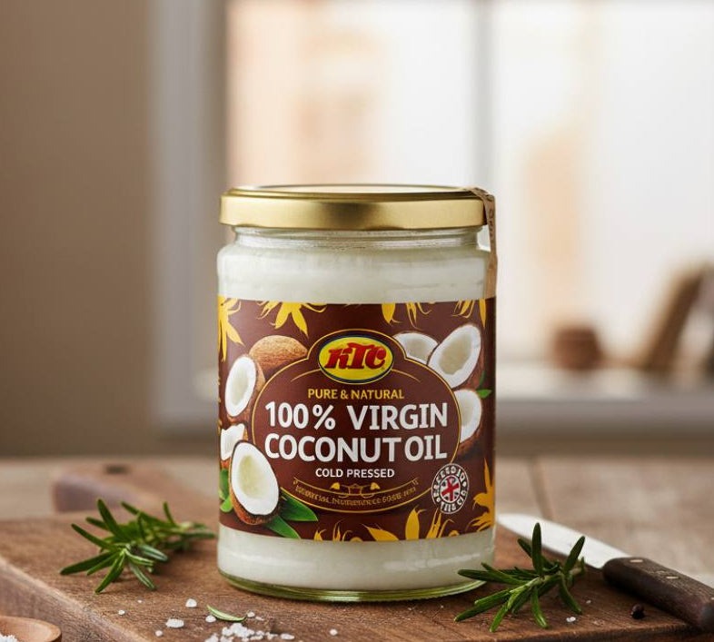 Jar of 100% Virgin Coconut Oil on a wooden surface with a blurred background