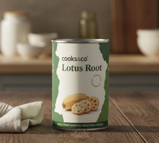 Can of cooks&co Lotus Root on a wooden surface with kitchen items in the background