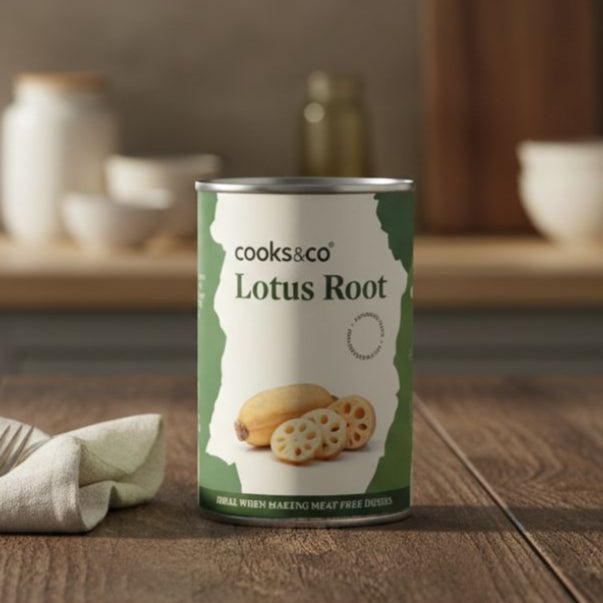 Can of cooks&co Lotus Root on a wooden surface with kitchen items in the background