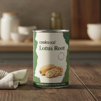 Can of cooks&co Lotus Root on a wooden surface with kitchen items in the background