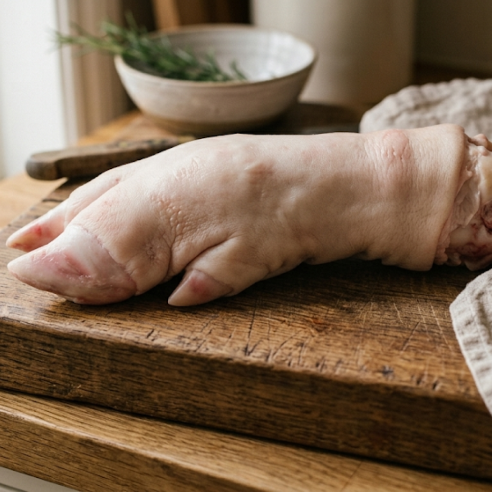 A raw cow trotter or cow foot with skin on, resting on a rustic wooden cutting board in a kitchen setting.