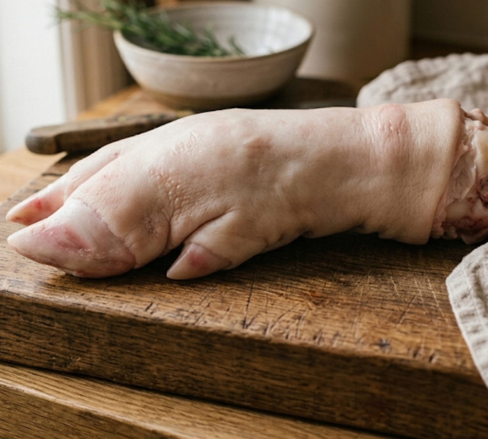 A raw cow trotter or cow foot with skin on, resting on a rustic wooden cutting board in a kitchen setting.