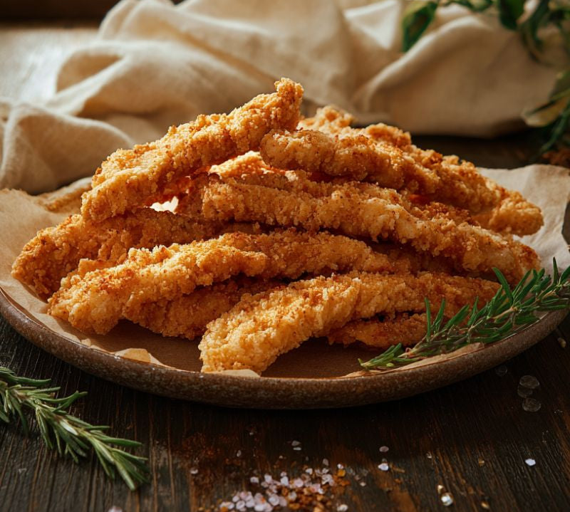 Crispy Shredded Chicken 900g — golden battered chicken fillet strips on plate with herbs.