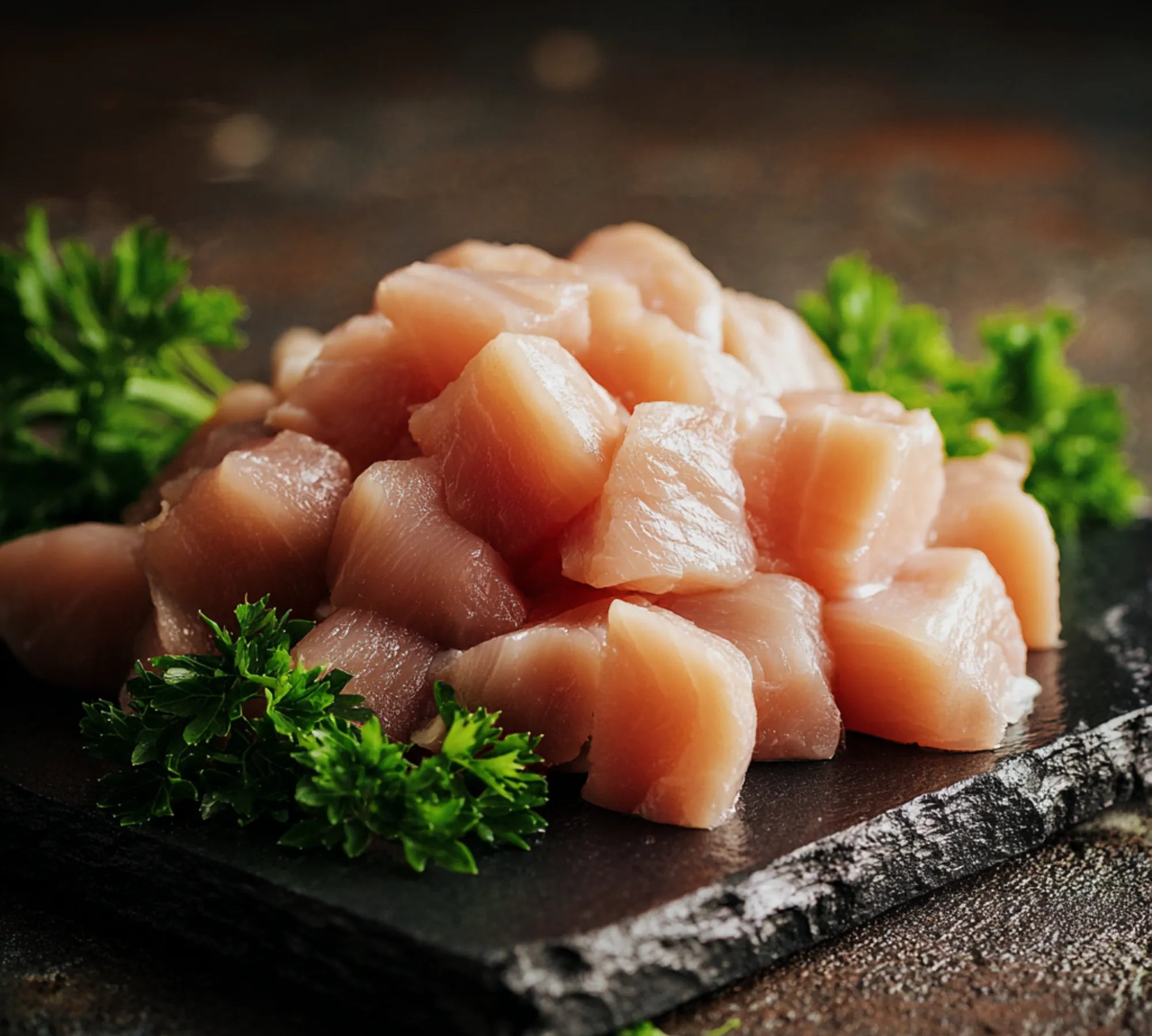 Diced gluten-free chicken breast kebab pieces in tray, premium UK chicken ready for grilling or quick cooking.