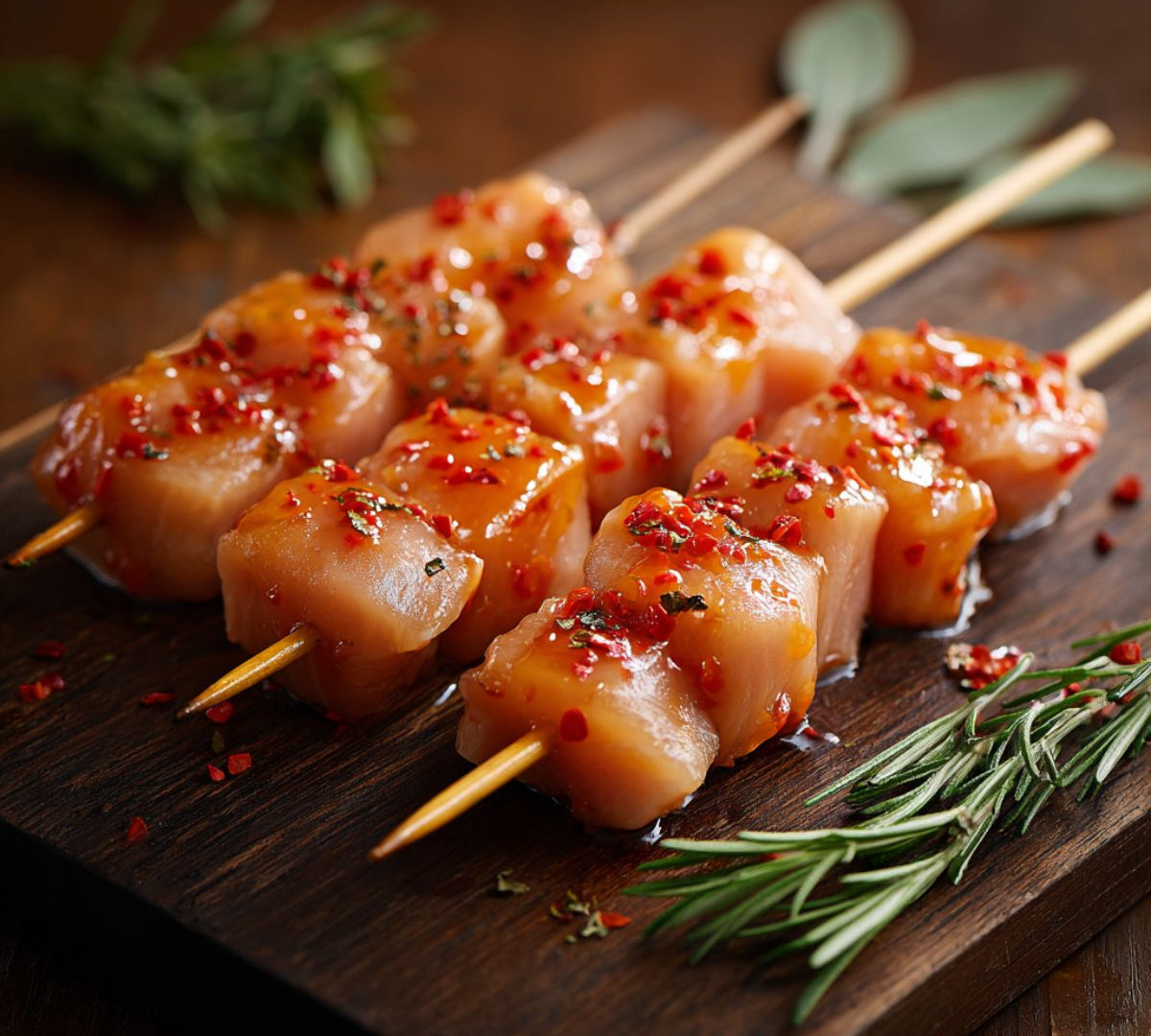 Diced British chicken breast kebabs coated in sweet chilli glaze, gluten-free and ready for grilling or pan-frying.