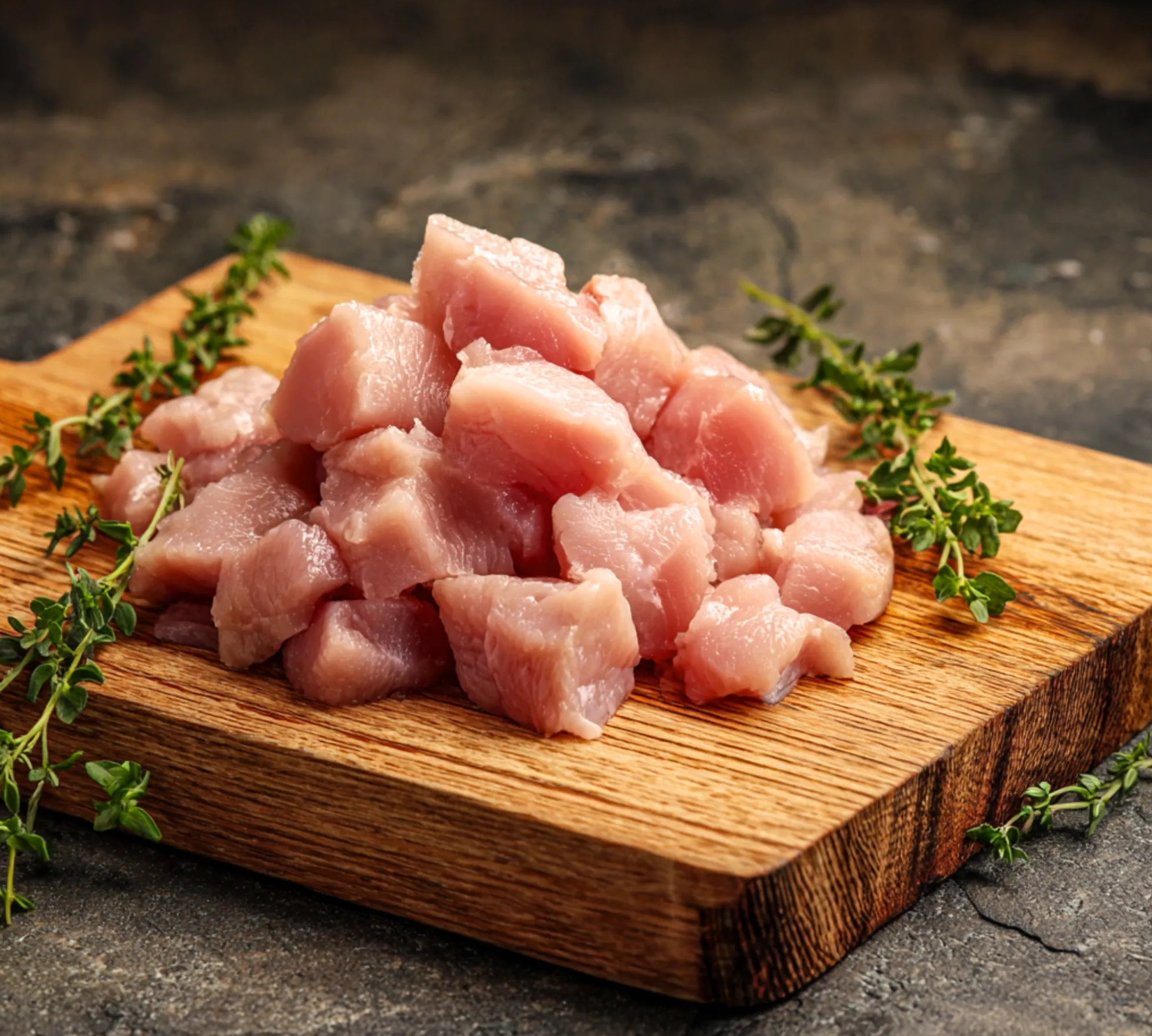 Diced free-range chicken breast kebab pieces in pack, gluten-free, ready for grilling or pan-frying.