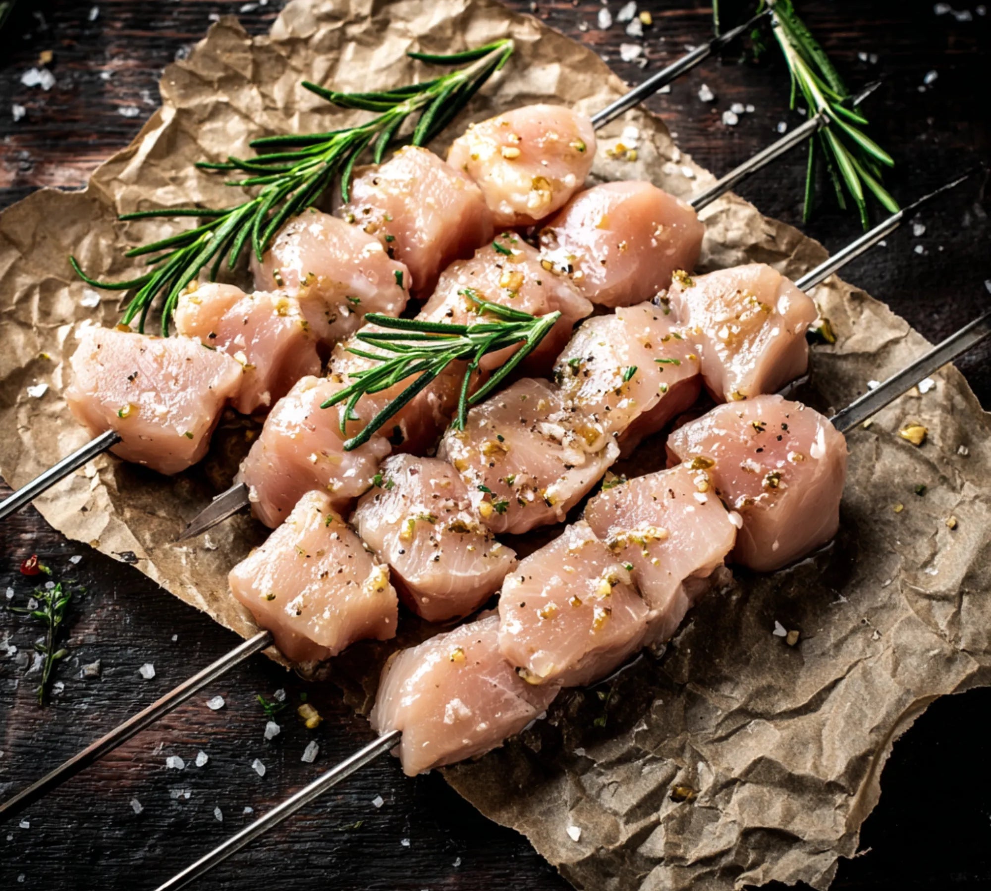 Diced free-range chicken breast kebab coated in garlic butter glaze, gluten-free and ready to cook.