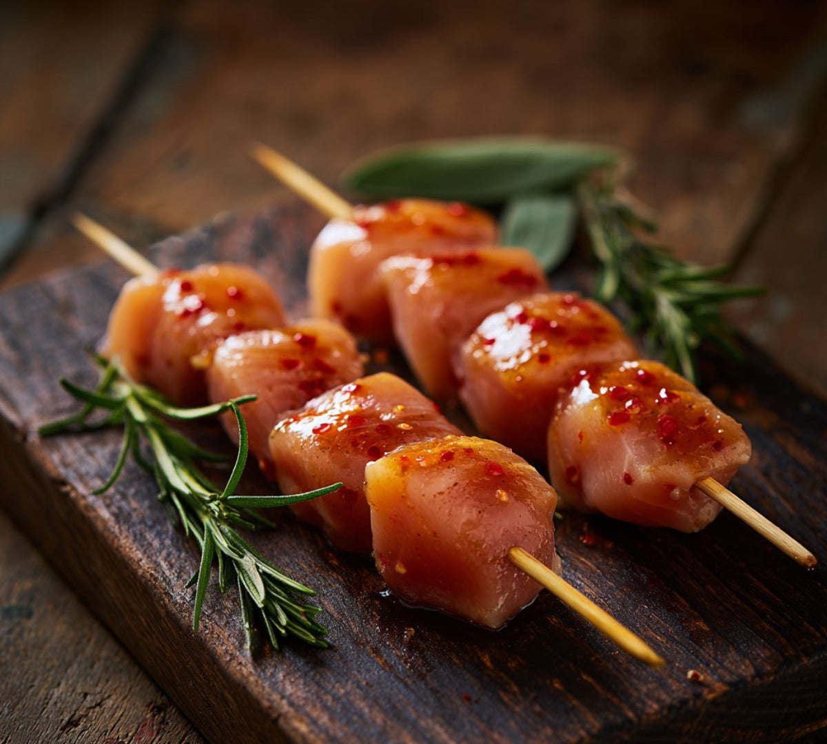 Diced free range chicken breast kebabs coated in sweet chilli glaze, gluten-free, ready for grilling.