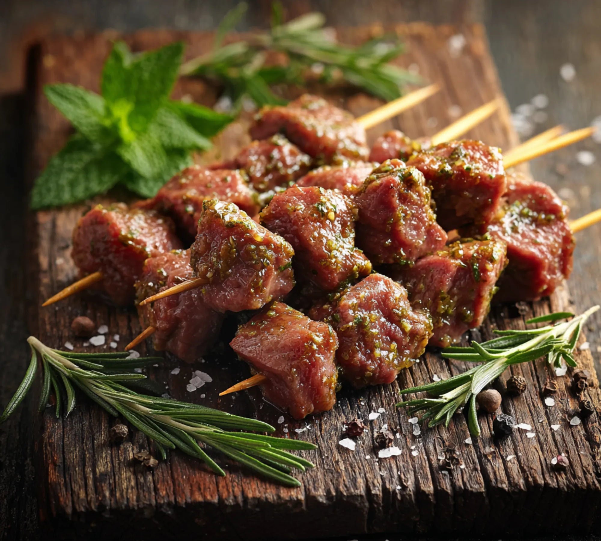 Gluten-free mint-glazed British lamb kebabs in 3×70g portions, ready for grilling or BBQ.