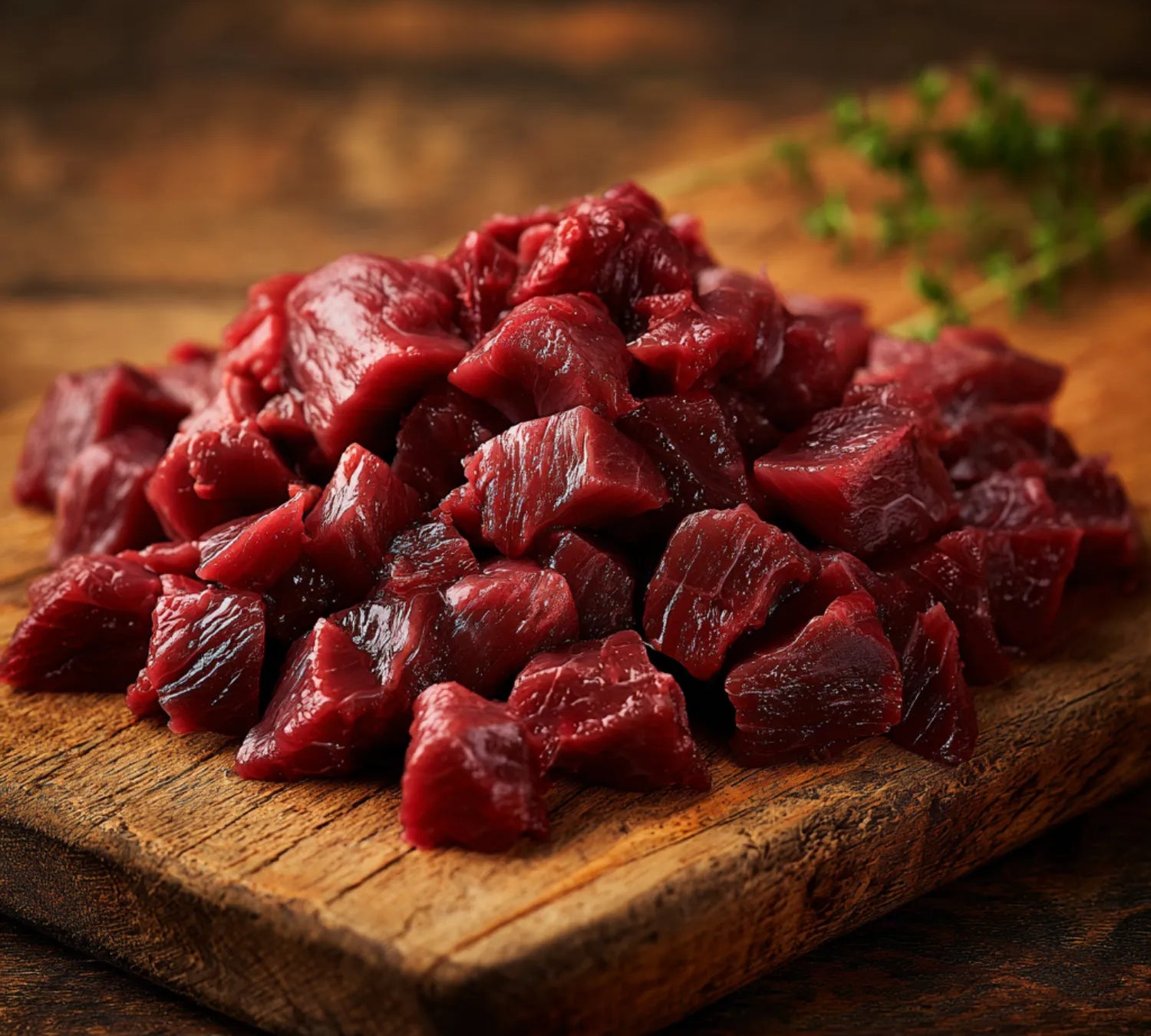 Diced lamb leg pieces displayed fresh and trimmed, premium British lamb ready for cooking.