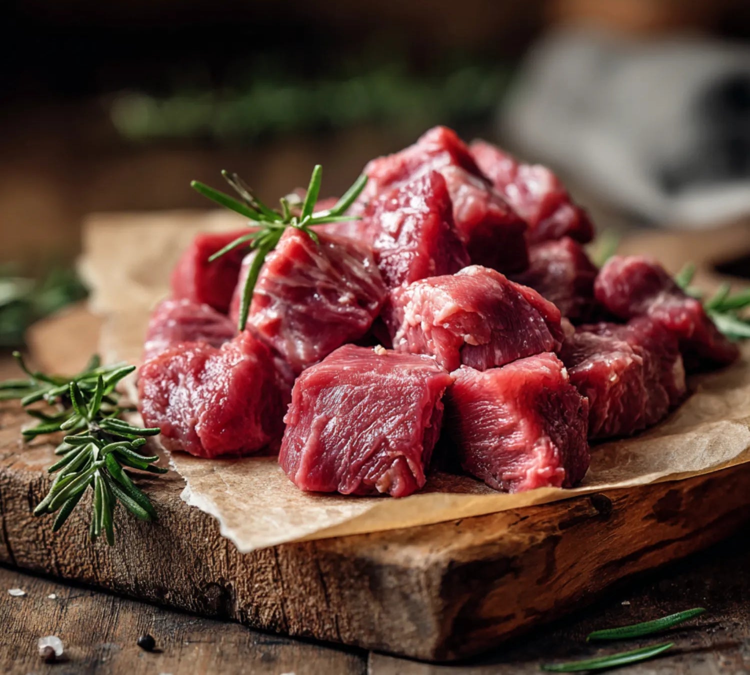 Raw mutton chunks on a wooden cutting board with rosemary, on a rustic wooden surface.