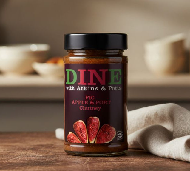 Jar of 'Dine with Atkins & Potts' fig apple and port chutney on a wooden surface.