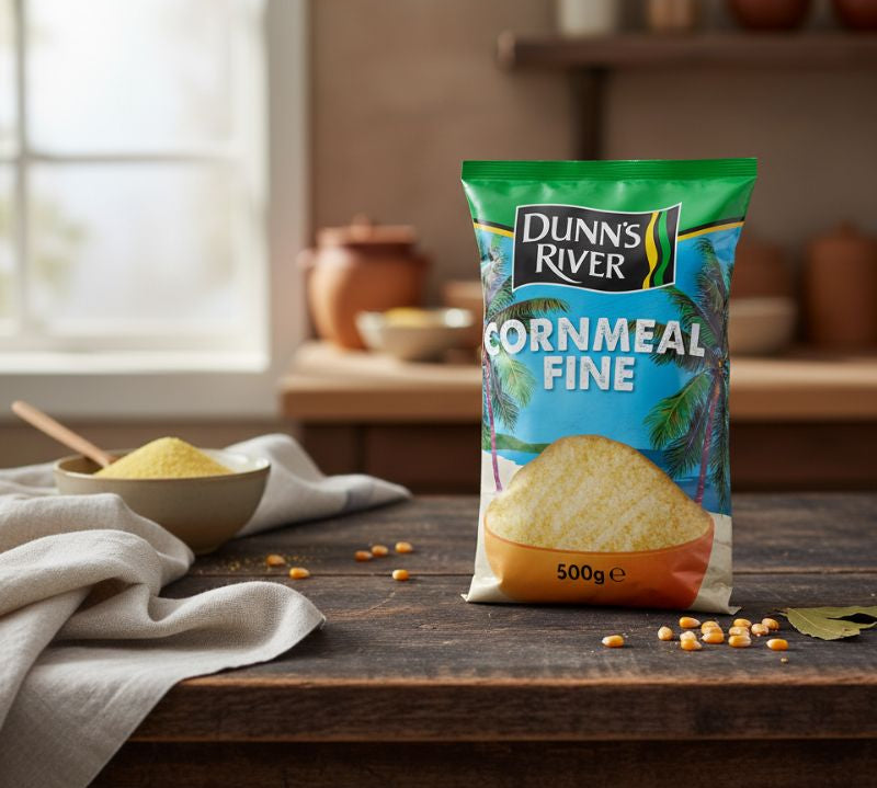 Dunn's River cornmeal package on a wooden table with a kitchen background