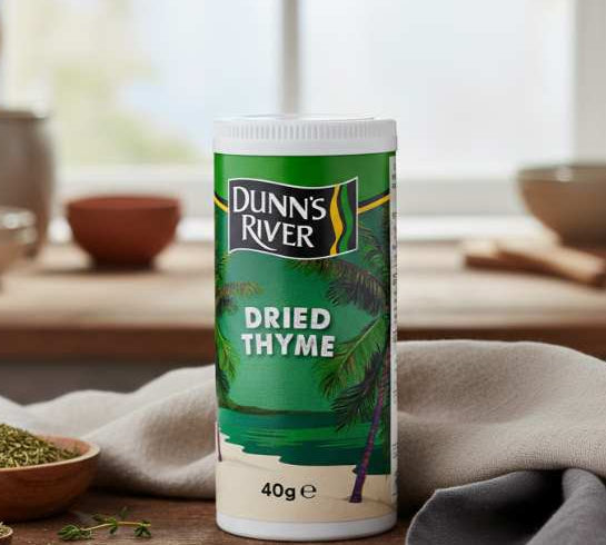 Dunn's River dried thyme container on a kitchen counter