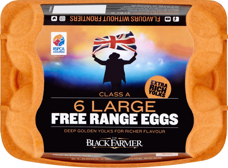 Packaging of Black Farmer free range eggs with a silhouette holding a Union Jack.