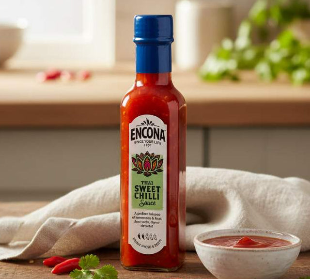 Encona Thai Sweet Chilli Sauce 220ml bottle on wooden table with fresh chillies and dipping bowl.