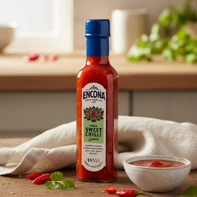 Encona Thai Sweet Chilli Sauce 220ml bottle on wooden table with fresh chillies and dipping bowl.