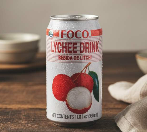 FOCO Lychee Drink 350ml — sweet tropical lychee juice can with fresh lychees on rustic table.