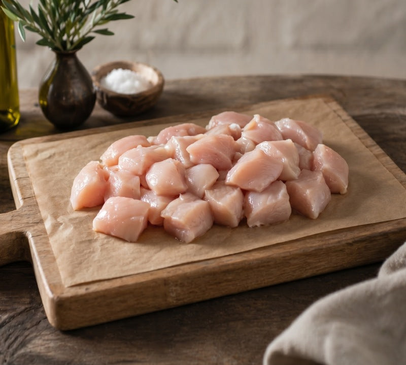 Fresh diced free-range chicken breast from The Black Farmer – tender, lean British poultry for healthy cooking