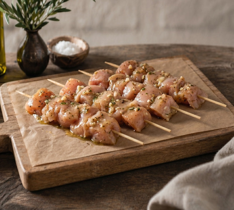 Diced free-range chicken breast kebab coated in garlic butter glaze, gluten-free and ready to cook.