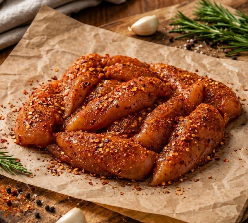 Raw chicken breasts seasoned with spices on a wooden board with herbs and tomatoes.